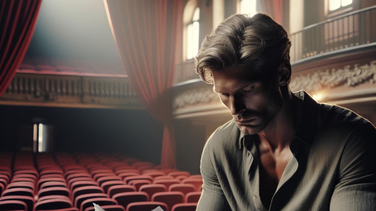 Liam Neeson assis seul dans un théâtre vide, tenant un script annoté, lumière douce filtrant par les rideaux rouges, ambiance introspective et mélancolique, photorealistic editorial style.