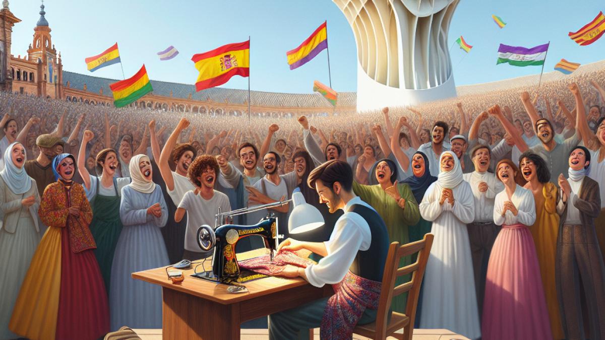 José Perea sewing live on an outdoor stage under the Metropol Parasol in Seville, surrounded by a vibrant crowd waving rainbow flags, photorealistic editorial style, festive midday sunlight highlighting colorful fabrics and emotional faces.