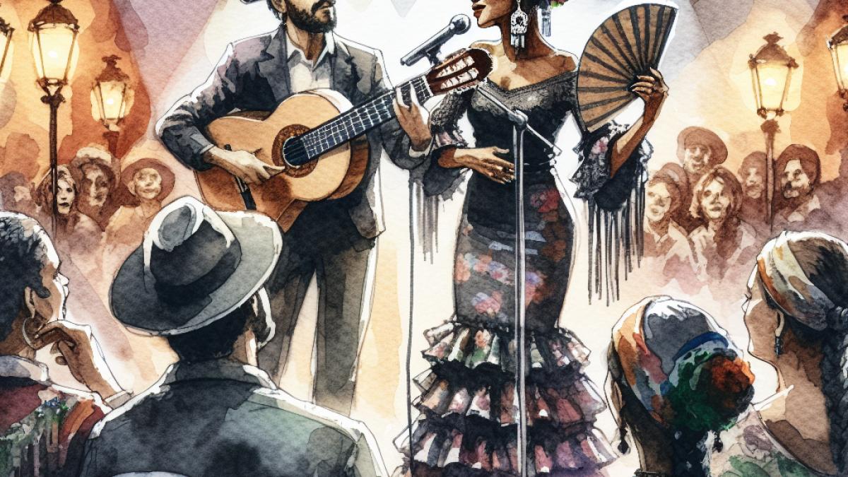 A passionate flamenco singer and guitarist on stage under warm Andalusian lights, audience in rapt attention, watercolor style, festive mood, subtle details of traditional costumes and Spanish fans in the crowd.
