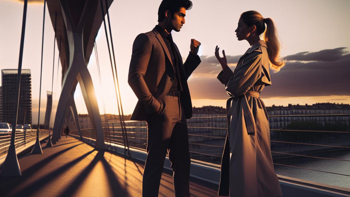 A tense scene on a modern Montpellier bridge at dusk, two characters in dramatic confrontation, cinematic realism, moody lighting, faint city skyline in background, evoking suspense and intrigue.