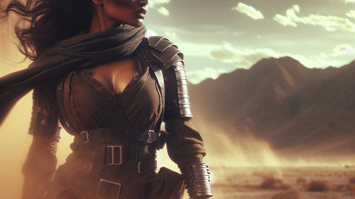 A powerful female warrior standing defiantly in a post-apocalyptic desert, cinematic style reminiscent of Mad Max, dramatic lighting with dust clouds swirling, emphasizing resilience and strength in her gaze, modern digital illustration.