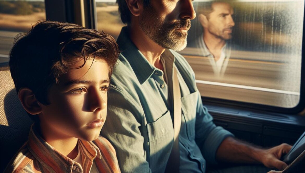 A father and his autistic son in a moving car, sunlight streaming through the window, both gazing quietly ahead, photorealistic editorial style, warm tones, subtle reflections of an American highway landscape passing by outside.