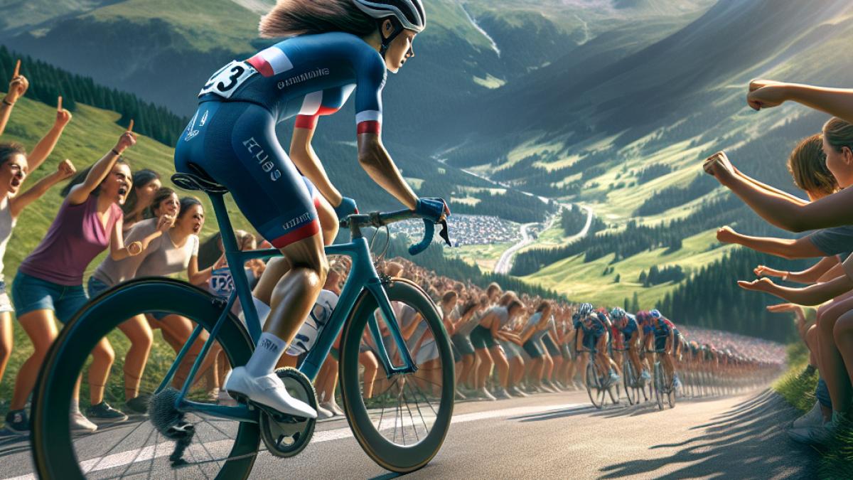 Pauline Ferrand-Prévot en plein effort sur une route de montagne lors d'une étape du Tour de France Femmes, photorealistic editorial style, lumière naturelle vive, arrière-plan avec spectateurs enthousiastes et paysages alpins.