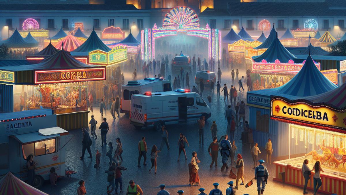 A photorealistic editorial image of Córdoba’s fairground at dusk, focusing on bustling attractions and colorful casetas, with subtle police presence and workers in the background, realistic lighting, conveying both festivity and a sense of investigation.