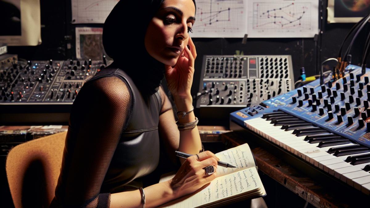A thoughtful woman in her thirties, seated backstage with a notebook and synth, moody lighting, electronic music gear, posters of concerts and raves in the background, editorial magazine style.