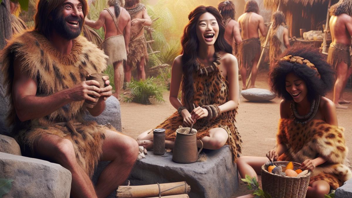 A lively scene from a prehistoric comedy film set, actors in quirky stone-age costumes laughing during a break, cinematic realism style, playful mood with soft daylight filtering through fake foliage and oversized props.