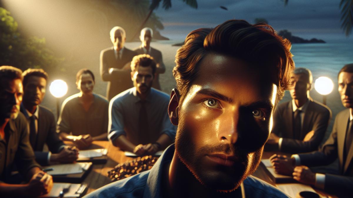 A tense council scene on a tropical island at dusk, photorealistic editorial style, focus on a solitary contestant with intense gaze surrounded by wary teammates, atmospheric lighting highlighting emotions and strategic tension.