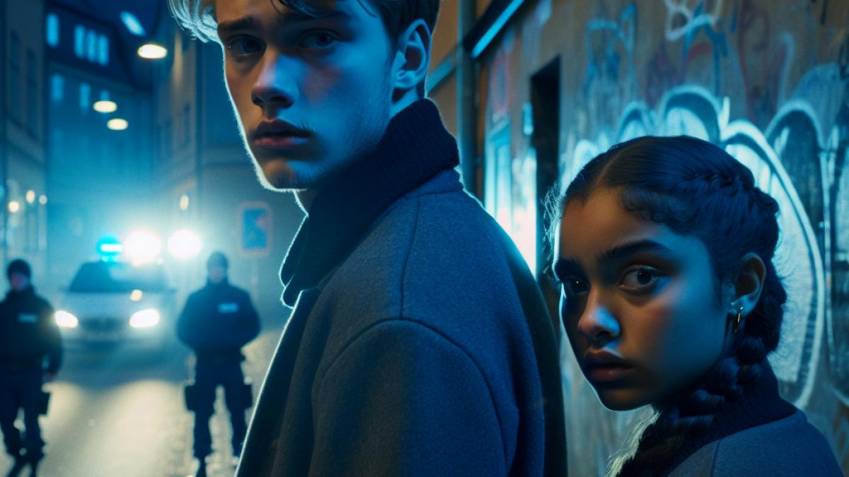 Two teenagers standing in a dimly lit urban street in Sweden at dusk, dramatic cinematic style, moody atmosphere with cold blue tones and graffiti walls, one looking anxiously over his shoulder while the other is half-hidden in shadow, subtle police presence in the background.