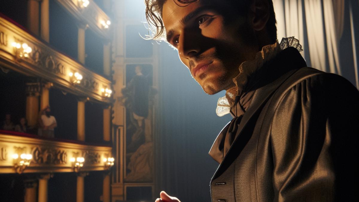 Pierre Niney on stage at a historic European theater, spotlighted, classic art deco style, a mix of anticipation and introspection in his expression, elegant costume reflecting both modern and period drama influences, soft golden lighting highlighting dramatic shadows.