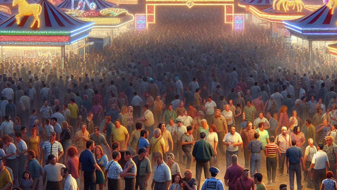 A busy evening at the El Arenal fairground in Córdoba during the Feria, photorealistic editorial style, uniformed police officers and security staff discreetly monitoring crowds of revelers under colorful lights, sense of lively celebration with visible security presence, twilight ambiance.