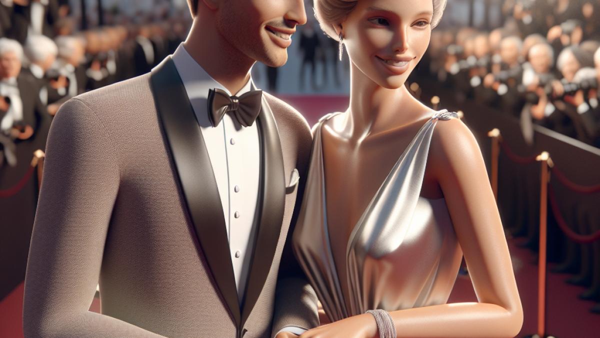 Iris Mittenaere and Antoine Dupont elegantly dressed, smiling and holding hands on the red carpet at the Cannes Film Festival, photorealistic editorial style, soft evening lighting, subtle background of paparazzi and fans.