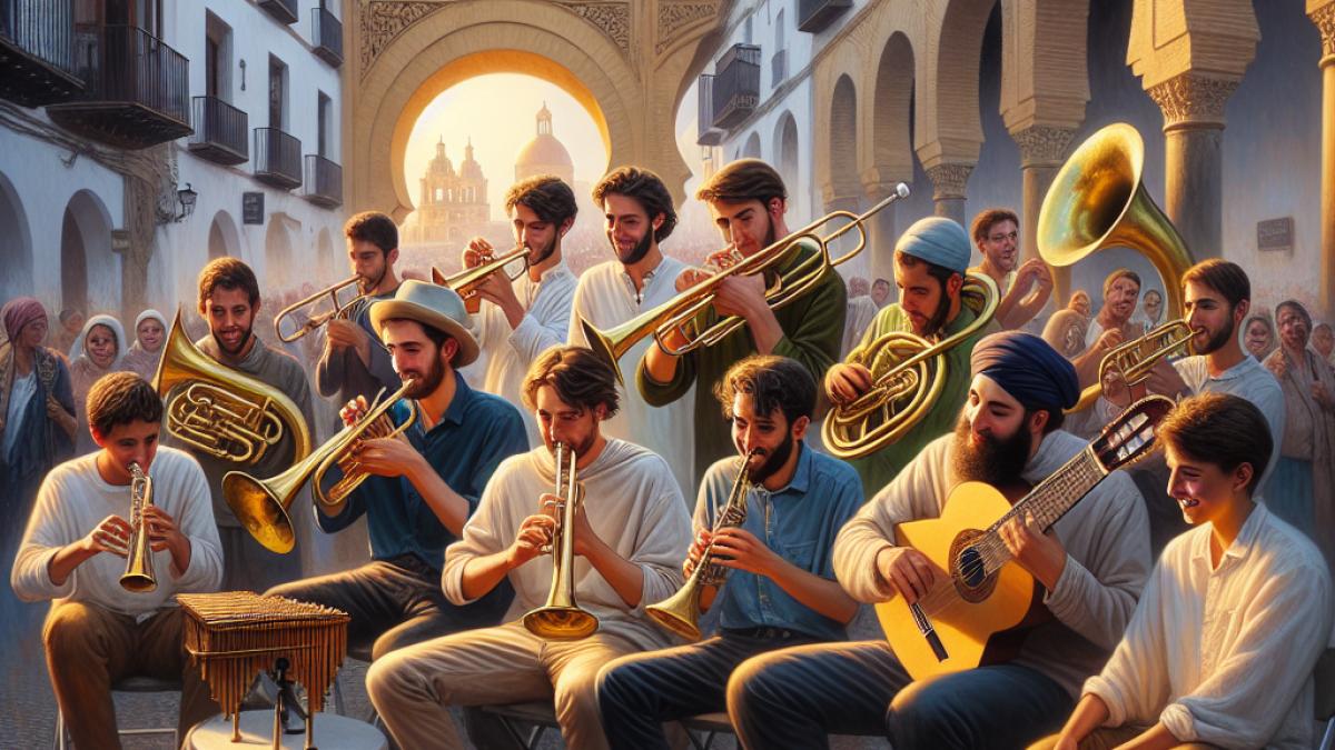A vibrant street scene in Córdoba, a traditional music band of young and older musicians playing various brass and percussion instruments, realistic style, festive atmosphere, historic architecture with Andalusian arches in the background, late afternoon golden light.
