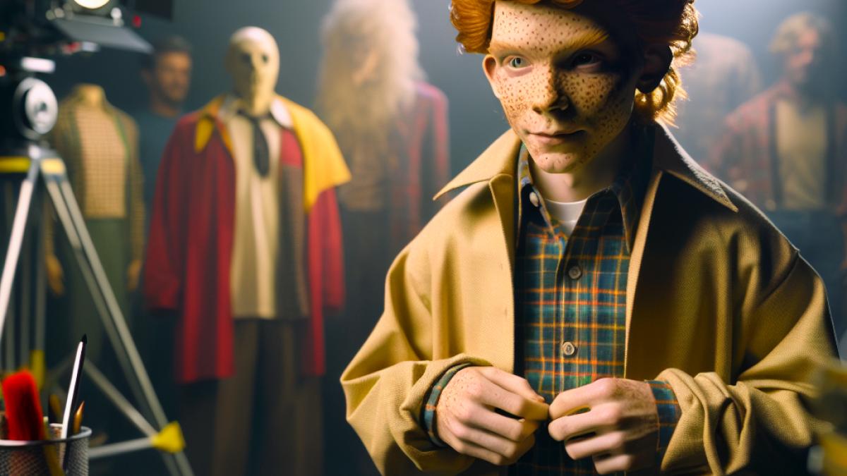 Ed Gale sur un plateau de tournage en train d’enfiler le costume de Chucky, photorealistic editorial style, lumière douce d’un studio de cinéma, ambiance intimiste avec accessoires des années 80 autour de lui.