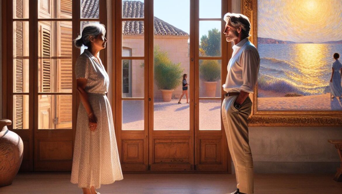 Two middle-aged characters standing in a sunlit contemporary art gallery in Montpellier, sharing a meaningful glance near a vibrant painting, impressionist style, warm afternoon light streaming through large windows, subtle hints of Mediterranean decor.