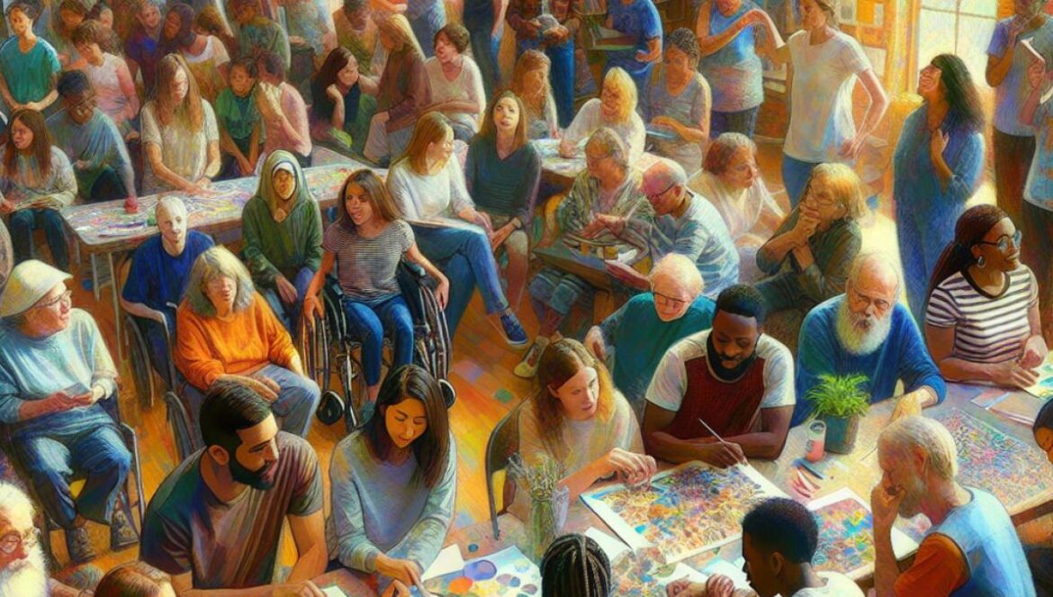 A group of diverse people, including individuals with visible intellectual disabilities, creating vibrant collages and reading poetry together in a bright community art hall; contemporary impressionist style, warm daylight, rich textures and expressive faces, highlighting inclusion and creativity.
