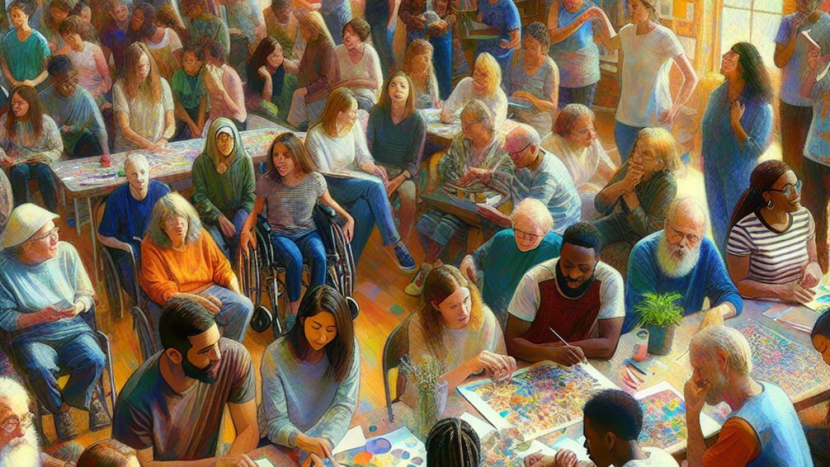 A group of diverse people, including individuals with visible intellectual disabilities, creating vibrant collages and reading poetry together in a bright community art hall; contemporary impressionist style, warm daylight, rich textures and expressive faces, highlighting inclusion and creativity.