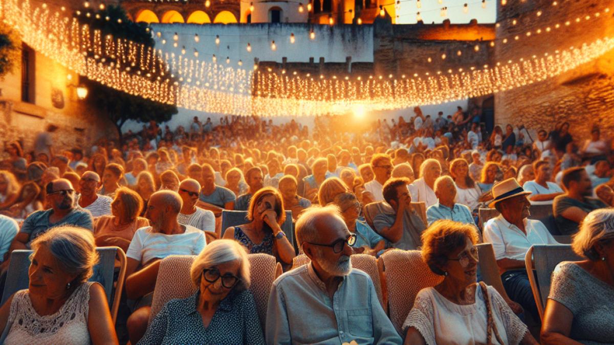 An open-air summer cinema in Córdoba at dusk, families and friends seated under string lights, popcorn in hand, historic city walls in the background, photorealistic editorial style, warm festive lighting, joyful ambiance.