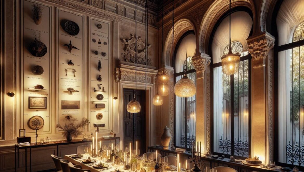 A luxurious dining room inside a historic Spanish house, elegant table setting with creative dishes being served, evening light through arched windows, subtle nods to both modern gastronomy and historical artifacts on the walls.