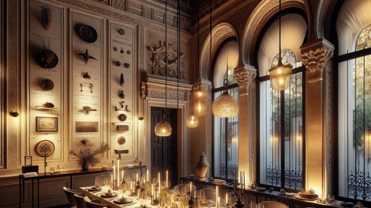 A luxurious dining room inside a historic Spanish house, elegant table setting with creative dishes being served, evening light through arched windows, subtle nods to both modern gastronomy and historical artifacts on the walls.