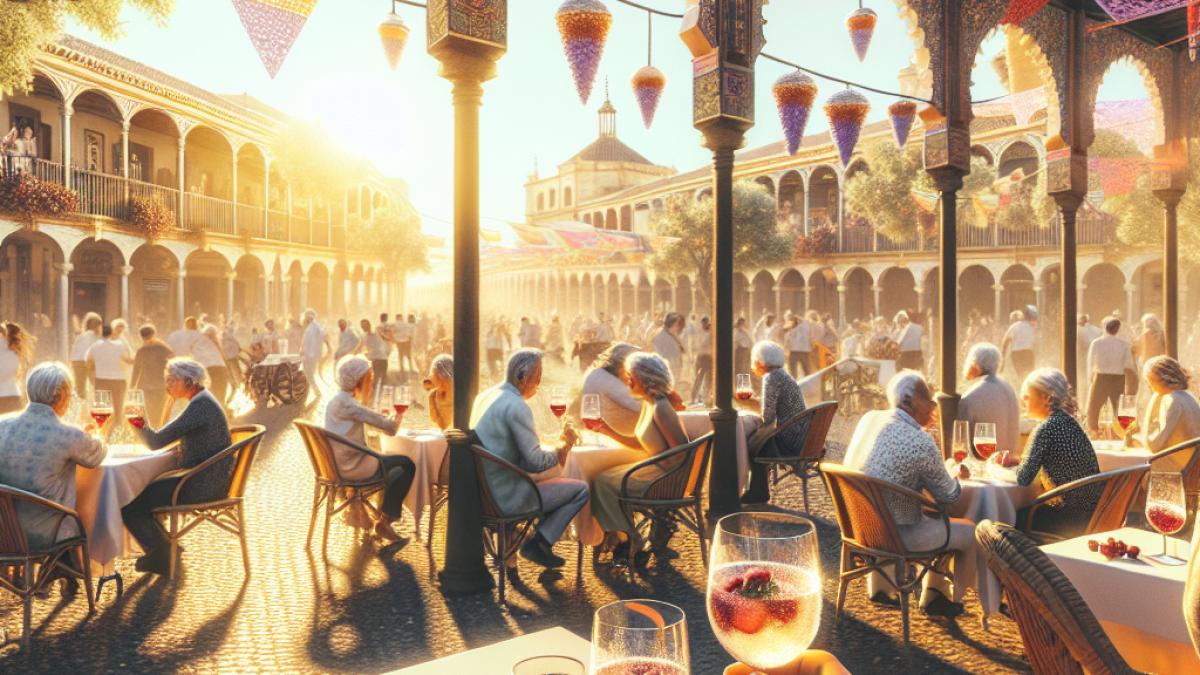 An outdoor terrace in Córdoba during a sunny summer afternoon, people enjoying chilled wine with frozen grapes in glasses, traditional Feria decorations, photorealistic editorial style, vibrant yet relaxed atmosphere.