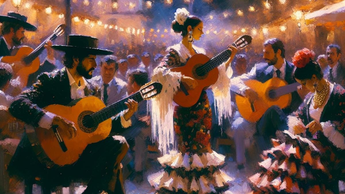 A vibrant Andalusian night scene in Puente Genil, with flamenco dancers and guitarists on an open-air stage, expressive brushwork reminiscent of Impressionism, festive yet intimate mood with warm lighting, detailed traditional costumes and passionate facial expressions.