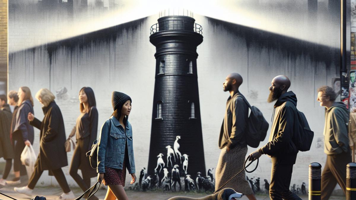 A photorealistic urban scene at dusk in London, featuring a freshly painted black silhouette of a lighthouse with a glowing white beam on a weathered wall. In the foreground, a couple walks two dogs past the mural, while passersby stop to look. Editorial style, soft natural lighting, realistic city details.
