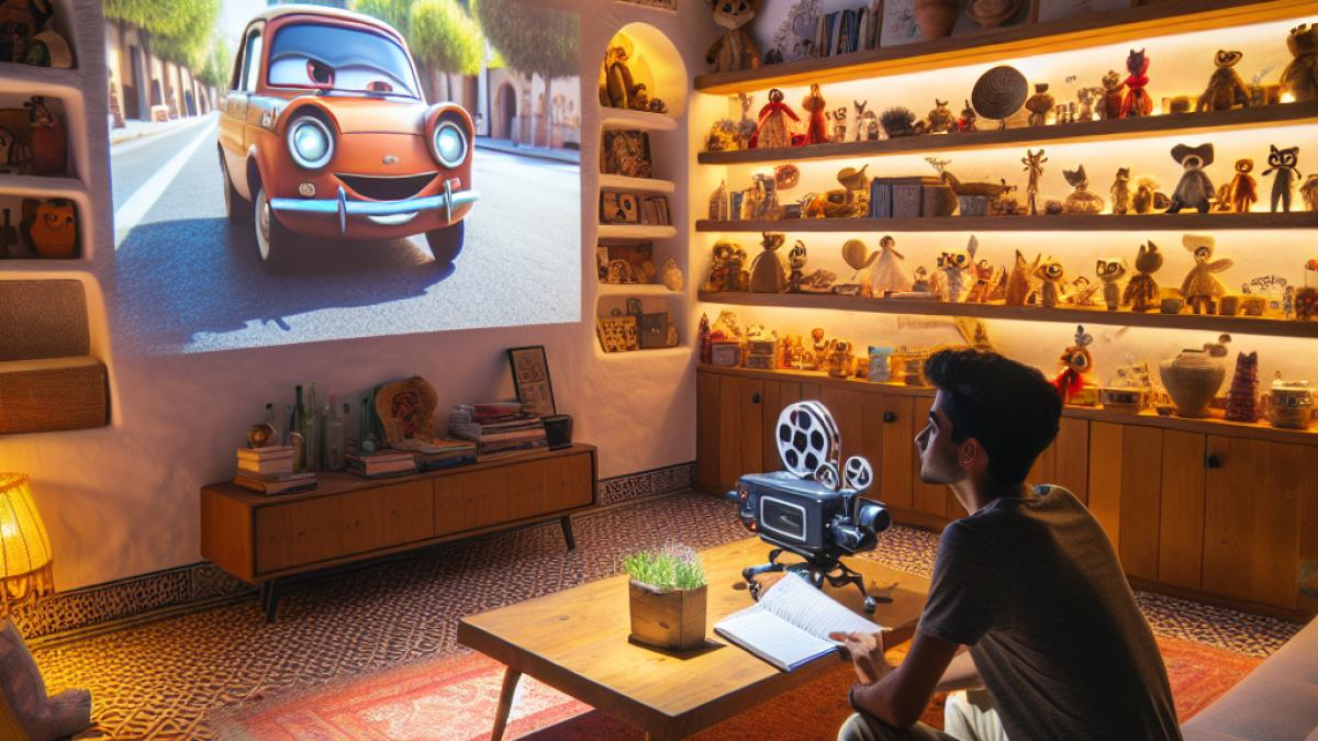 A cozy living room in Córdoba with warm lighting, a vintage projector casting the film 'Bumblebee' on a white wall, modern Spanish decor, someone taking notes while watching, shelves filled with Andalusian souvenirs, creating an inviting atmosphere of cinematic discovery.