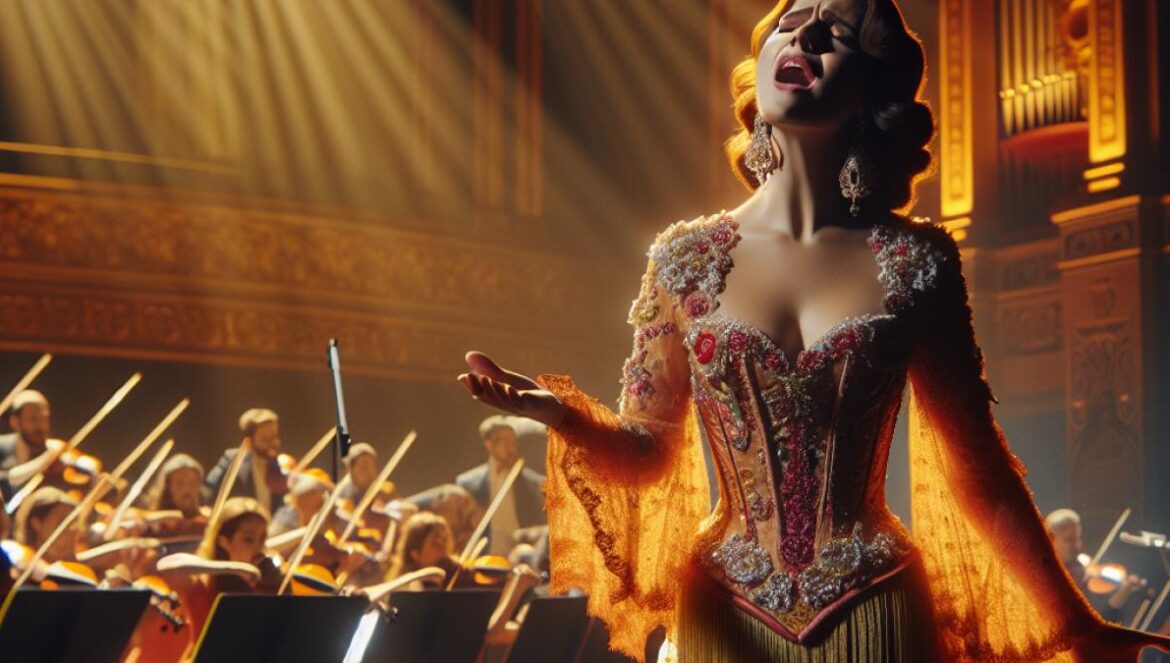 A passionate Andalusian soprano performing on stage with the Orchestra of Córdoba, dressed in vibrant traditional attire, surrounded by an elegant theater interior reminiscent of early 20th-century Spanish architecture, expressive lighting highlighting the emotional intensity, warm color palette.