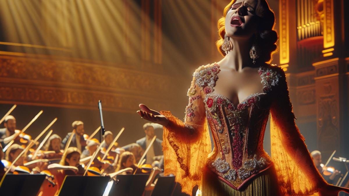 A passionate Andalusian soprano performing on stage with the Orchestra of Córdoba, dressed in vibrant traditional attire, surrounded by an elegant theater interior reminiscent of early 20th-century Spanish architecture, expressive lighting highlighting the emotional intensity, warm color palette.
