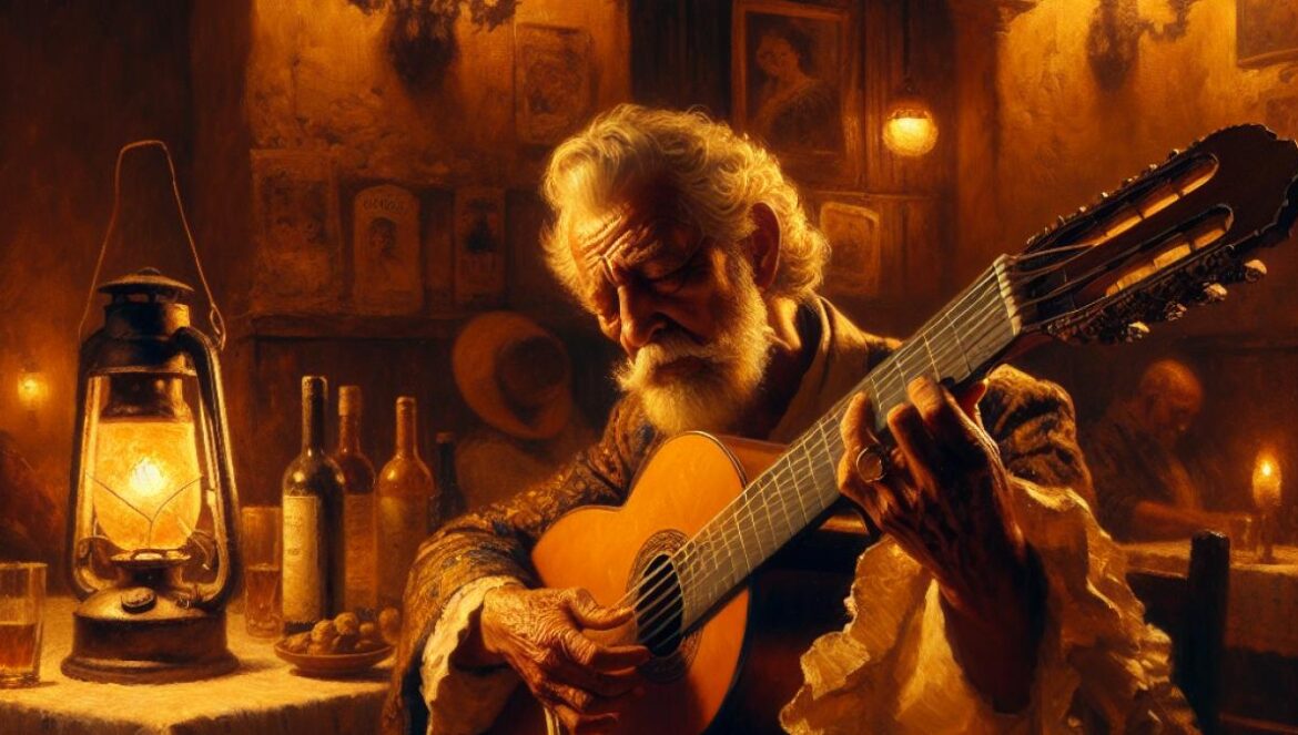 An elderly Spanish guitarist playing a flamenco guitar in a dimly-lit, rustic Andalusian tavern; oil painting style, warm golden hues, expressive hands and emotional expression, subtle details of traditional decor and Cordoban atmosphere.