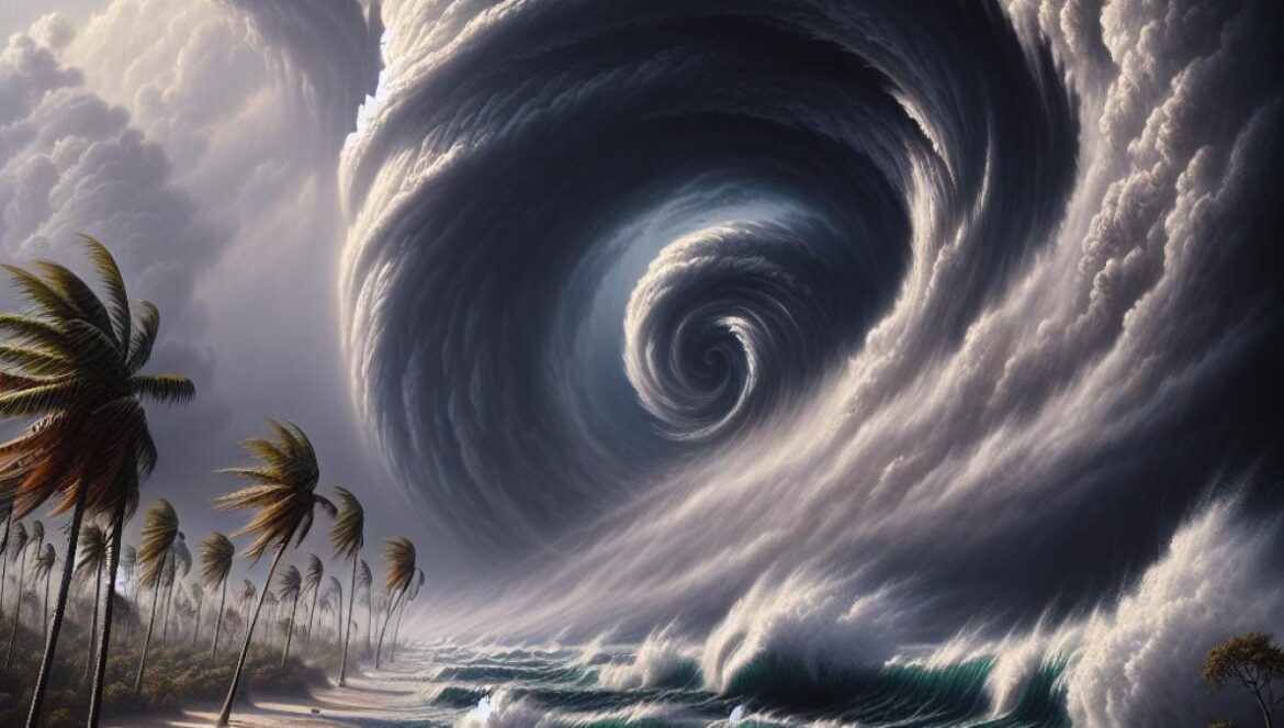 A dramatic view of the Mexican Pacific coastline as a powerful hurricane approaches, with dark swirling clouds, wind-blown palm trees, and high waves, in hyper-realistic style, conveying urgency and anticipation.