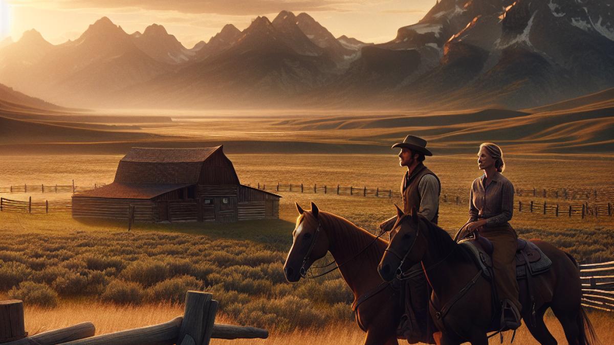 A wide shot of a rugged Montana landscape at sunset, with two figures on horseback—evoking Beth and Rip—surveying a modest new ranch. Photorealistic editorial style, dramatic golden-hour lighting, authentic western details: wooden fences, distant mountains, natural grassland.