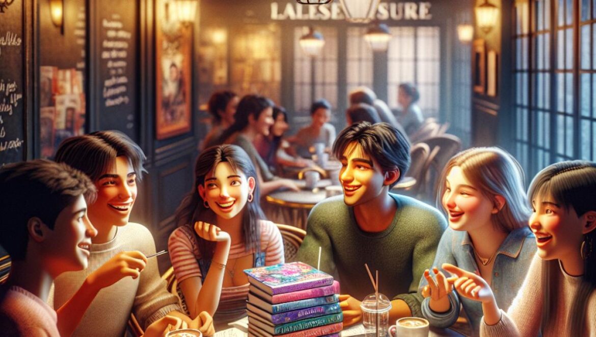 A cozy Parisian café in the early evening, a stack of colorful young adult novels on the table, with a group of diverse teenagers laughing and discussing animatedly, photorealistic editorial style, warm ambient lighting, subtle details like coffee cups and handwritten notes.