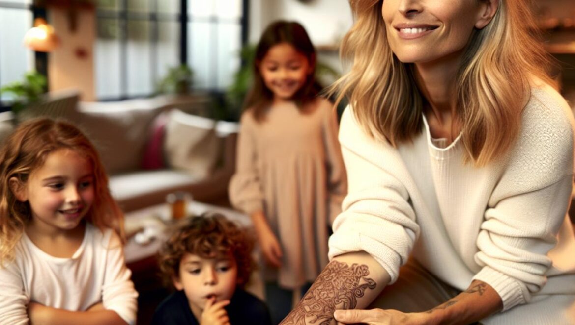 A confident French mother in her mid-30s, surrounded by playful children in a cozy living room, rolling up her sleeve to show a fresh tattoo design on her forearm; photorealistic, editorial style, warm indoor lighting, candid family moment with subtle joy and anticipation.