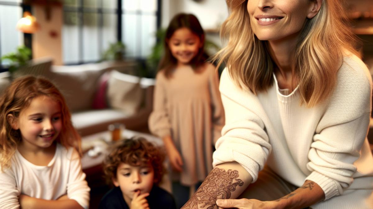 A confident French mother in her mid-30s, surrounded by playful children in a cozy living room, rolling up her sleeve to show a fresh tattoo design on her forearm; photorealistic, editorial style, warm indoor lighting, candid family moment with subtle joy and anticipation.