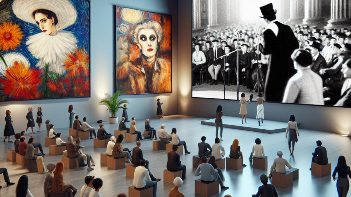 A vibrant contemporary art gallery space with a large projection screen showing a classic black and white scene from 'Pena, penita, pena', surrounded by bold colorful paintings reminiscent of Ana Segovia's style; in the foreground, visitors engage in a collective poetry reading. Modern yet nostalgic atmosphere, expressive faces and dramatic lighting evoking the emotional tension of copla and flamenco.