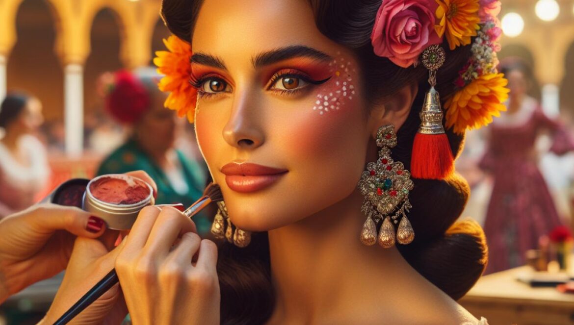A close-up of a confident Andalusian woman dressed in a traditional flamenca dress at the Feria de Córdoba, receiving expert makeup touches, photorealistic editorial style, warm festive lighting, vibrant flowers in her hair, subtle hints of the feria in the background.