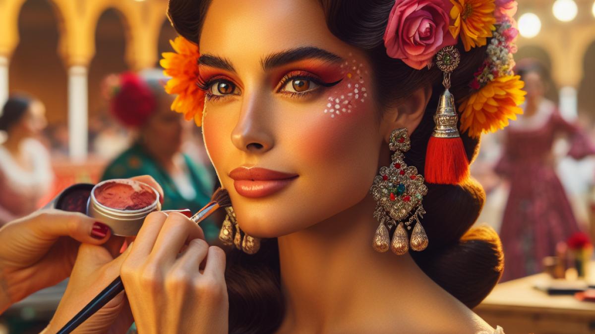 A close-up of a confident Andalusian woman dressed in a traditional flamenca dress at the Feria de Córdoba, receiving expert makeup touches, photorealistic editorial style, warm festive lighting, vibrant flowers in her hair, subtle hints of the feria in the background.