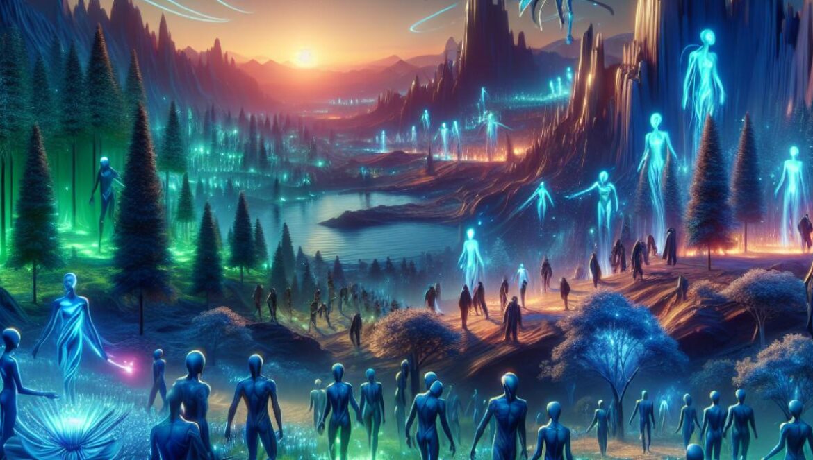 A vibrant cinematic scene showing the alien world of Pandora, with bioluminescent forests and floating mountains at twilight, in a hyper-realistic digital painting style, highlighting a group of diverse Na'vi characters in dynamic action and emotional expressions, with a futuristic and epic mood.