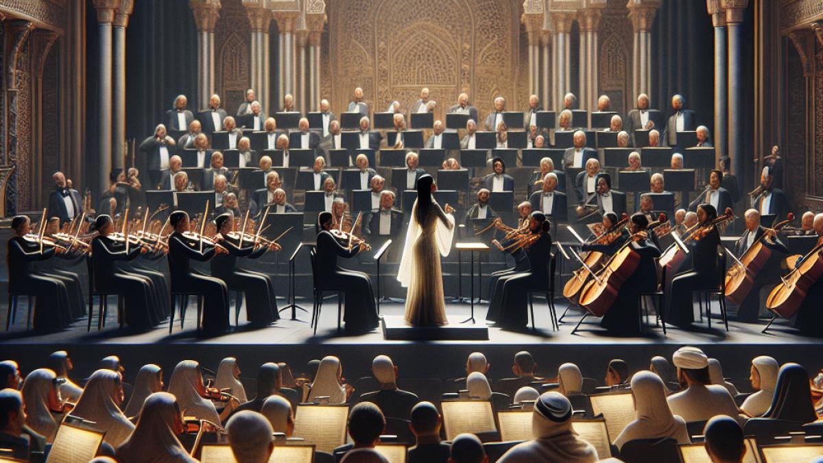 A grand symphony orchestra performing on stage at the Gran Teatro de Córdoba, elegant lighting highlighting a soprano in mid-performance with the conductor leading passionately, an attentive audience in formal attire enjoying the immersive musical atmosphere, photorealistic editorial style.