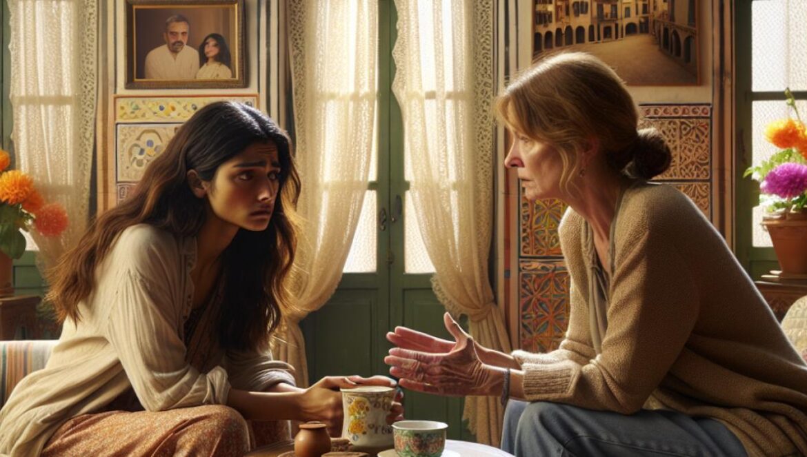 A cozy living room in a Mediterranean-style residence, two women having an intense conversation over coffee at a small table, one appears anxious while the other reassures her, in the style of a French TV drama scene, natural morning light filtering through lace curtains, subtle details like family photos and flowers creating a warm and intimate mood.