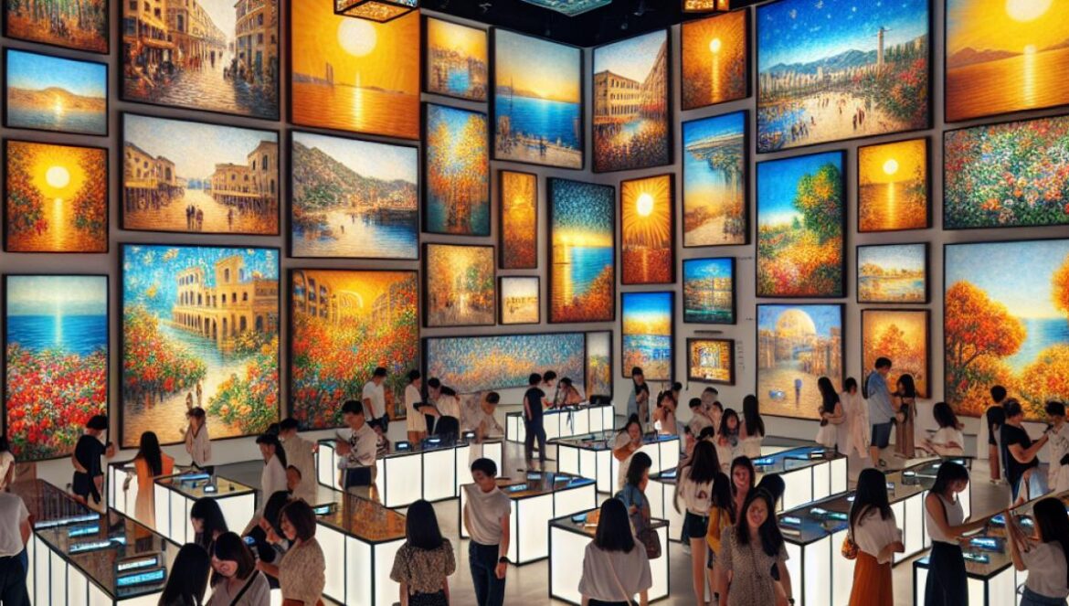 A luminous art gallery in Chengdu featuring large reproductions of Joaquín Sorolla's sun-drenched Mediterranean paintings, visitors of all ages exploring and interacting with immersive light installations, contemporary impressionist style, bright and inviting atmosphere, subtle bilingual information panels and Mediterranean coastal motifs integrated into the space.