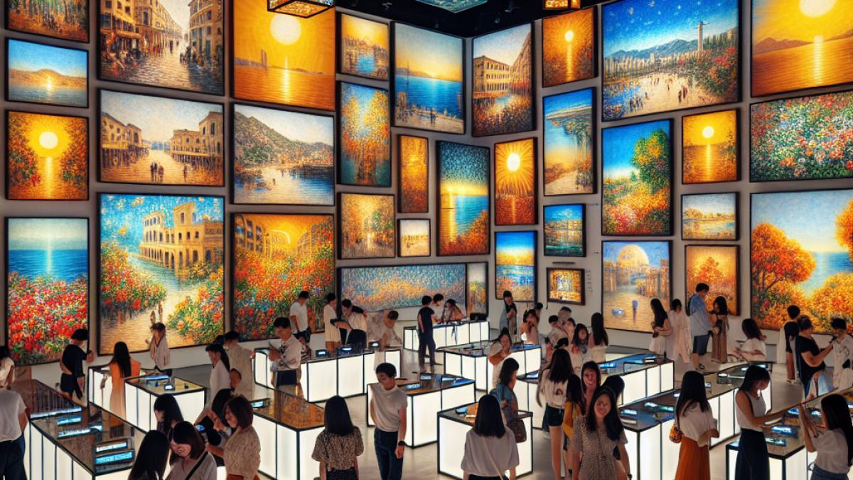 A luminous art gallery in Chengdu featuring large reproductions of Joaquín Sorolla's sun-drenched Mediterranean paintings, visitors of all ages exploring and interacting with immersive light installations, contemporary impressionist style, bright and inviting atmosphere, subtle bilingual information panels and Mediterranean coastal motifs integrated into the space.