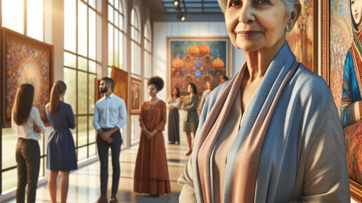 A dignified elderly woman artist in a luminous modern gallery, standing next to a vibrant collection of paintings, photorealistic editorial style, warm natural light streaming through large windows, a subtle crowd of university staff admiring the art in the background.