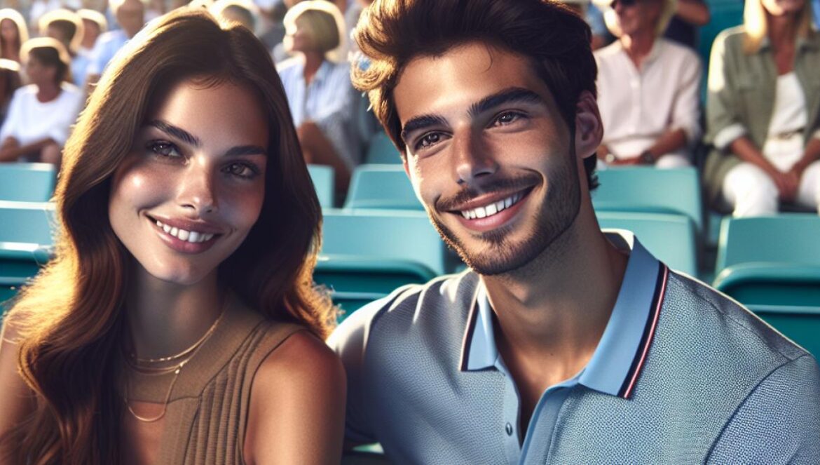Laure Boulleau et Bruno Cheyrou assis côte à côte dans les tribunes de Roland-Garros, souriants et complices, ambiance éditoriale photoréaliste, lumière naturelle de fin d'après-midi, foule animée en arrière-plan, vêtements décontractés mais élégants.