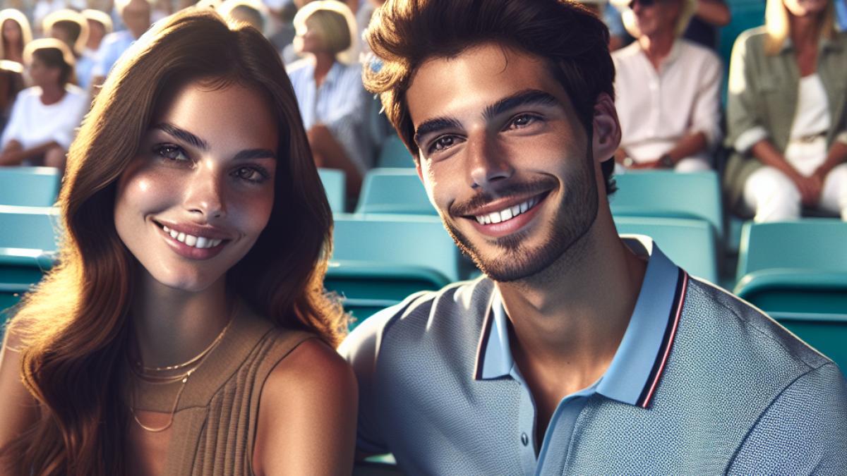 Laure Boulleau et Bruno Cheyrou assis côte à côte dans les tribunes de Roland-Garros, souriants et complices, ambiance éditoriale photoréaliste, lumière naturelle de fin d'après-midi, foule animée en arrière-plan, vêtements décontractés mais élégants.