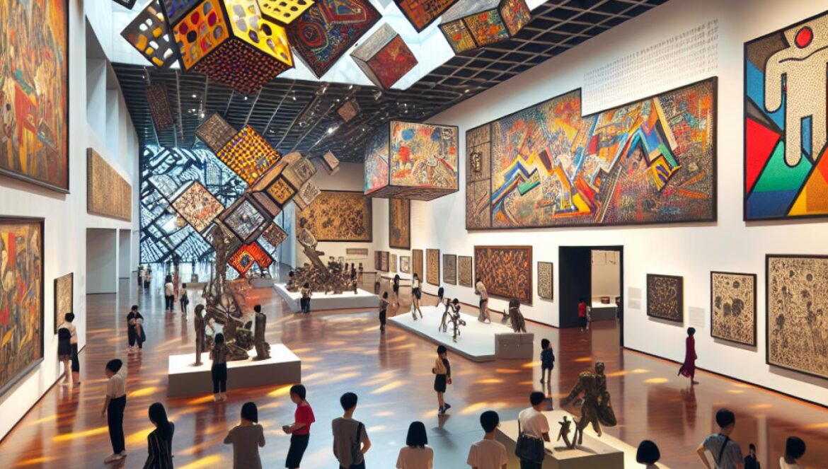 A bustling scene inside the Guangxi Nationalities Museum in Nanning, visitors of all ages captivated by vibrant Picasso paintings and sculptures, contemporary realism with soft daylight streaming through modern windows, immersive displays and interactive screens in the background highlighting the fusion of technology and art.