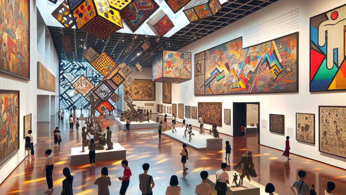 A bustling scene inside the Guangxi Nationalities Museum in Nanning, visitors of all ages captivated by vibrant Picasso paintings and sculptures, contemporary realism with soft daylight streaming through modern windows, immersive displays and interactive screens in the background highlighting the fusion of technology and art.