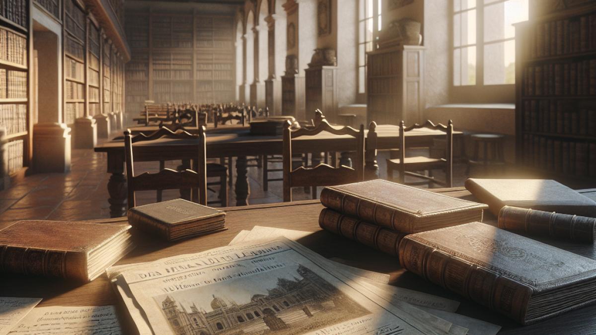 A quiet reading room in the Antonio Gala Central Library of Córdoba, sunlight filtering onto a wooden table scattered with antique manuscripts, handwritten notes and 19th-century press clippings. Photorealistic editorial style, serene afternoon light, Spanish historical ambiance with leather-bound books and subtle signs of conservation work.