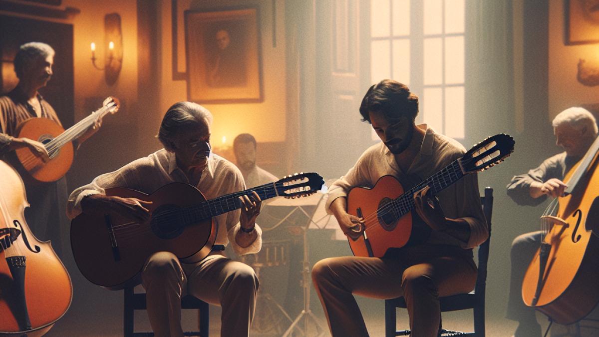 Manolo García et Quimi Portet en répétition dans une salle baignée de lumière douce, entourés des musiciens historiques, ambiance chaleureuse et concentrée, instruments vintage visibles, style éditorial réaliste pour un magazine musical.